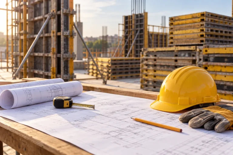 Desenhos de obra, fita métrica, capacete e luvas numa mesa de preparação