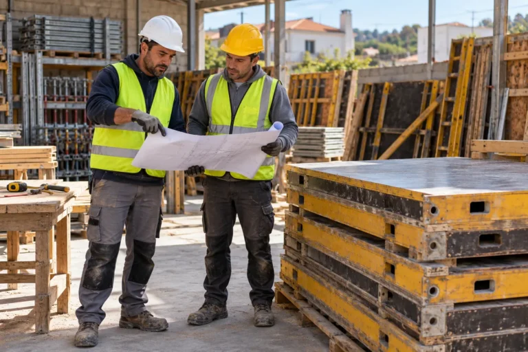Dois profissionais com equipamento de proteção a analisar um desenho junto a painéis de cofragem
